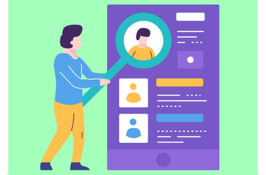 Illustration of a person holding a magnifying glass over a profile on a large screen, symbolizing searching or analyzing data. The screen, an example of innovative web page design, displays different user profiles with various colors.