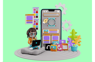 3D illustration of a person sitting with a laptop beside a large smartphone screen displaying app design elements. Colorful icons, gears, and plants surround the scene, capturing the essence of a creative digital workspace at a website design company in Surat.