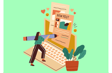 Illustration of a person from a web design company in Surat, holding a giant pencil and editing a blog post on an oversized laptop screen. A plant is nearby, with heart and smiley emojis floating around against the green background.