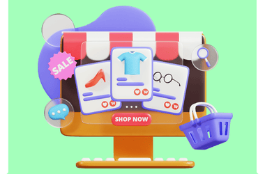 Explore the world of online shopping with a sleek interface crafted by a premier website design company in Surat. The computer monitor showcases clothing, shoes, and glasses, along with intuitive icons for search, sale, chat, and a shopping basket for a seamless experience.