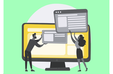Illustration of two people interacting with a large monitor. One holds a window with text, while the other adjusts its position on the screen, showcasing creativity akin to a website design companys work in Surat. The background is light green, and the monitor displays a yellow interface with multiple windows.