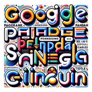 A visually striking image displaying colorful, abstract text in bold styles and bright colors with overlapping letters and shapes against a white background, cleverly resembling a creative typographic artwork inspired by the latest Google Algorithm update list for 2025.